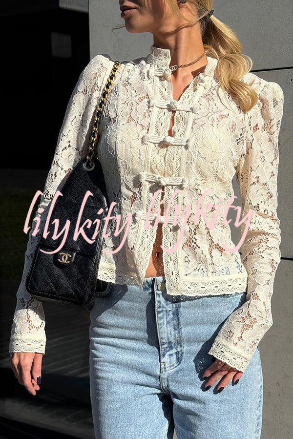 Fashion Hollow Lace Stand Collar Long Sleeve Slim Shirt