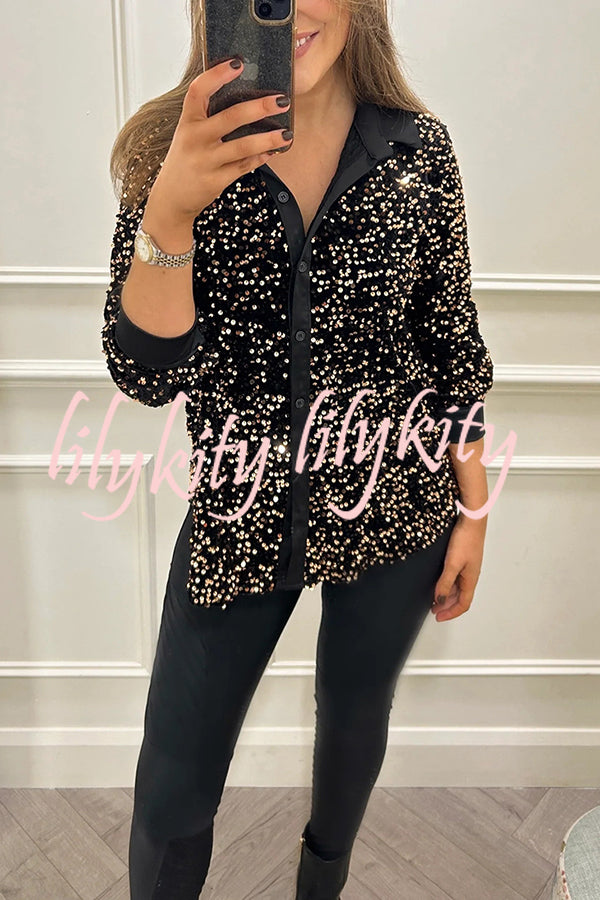 Fashion Velvet Sequined Loose Casual Long-sleeved Shirt