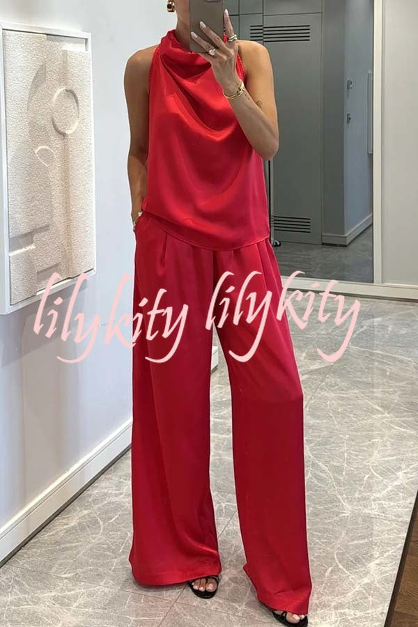 Classic on You Satin High Cowl Neck Top and Elastic Waist Pocket Loose Pants Set