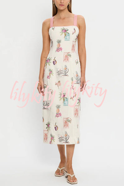 Plant Print Sleeveless Square Neck Open Back Tie Casual Midi Dress