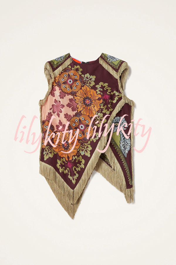 Stunning Floral Print Asymmetric Tassel Trim Scarf Top