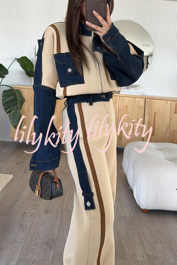 Chill Whispers Denim Patchwork Sweatshirt Fabric Zipper Long Sleeve Pocket Loose Jacket