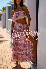 Dakota Floral Lace Trim Crop Tube Top and Layered Slit Maxi Skirt Set