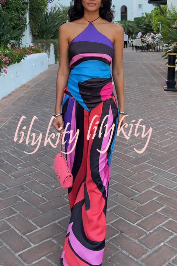 Jodie Unique Print Halter Scarf Tank and Elastic Waist Pocketed Wide Pants Set