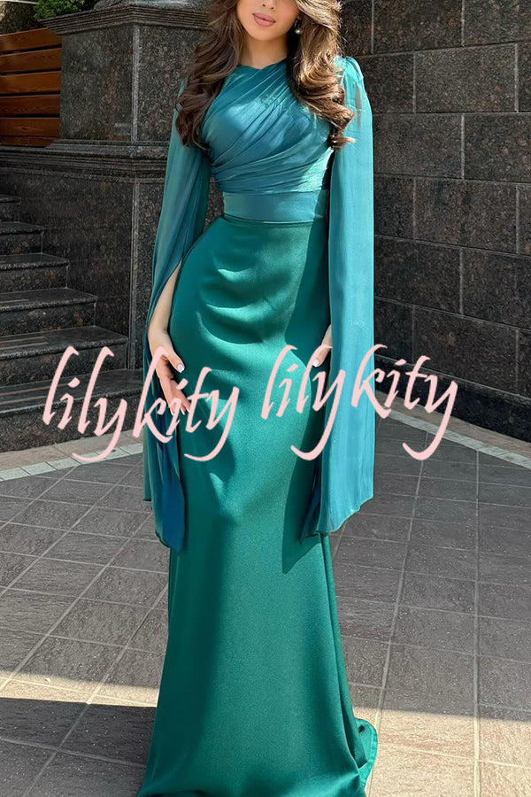 Liora Ruched Organza and Satin Patchwork Design Long Bell Slit Sleeve Maxi Dress