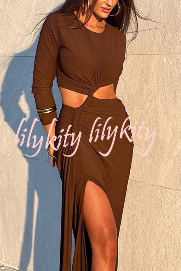 Solid Color Round Neck Long Sleeve Sexy Exposed Waist Slit Maxi Dress