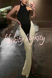 Fashionable Contrast Color Open Back Side Pleated Draped Maxi Dress