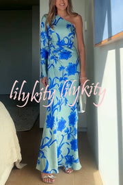 Satin Botanical Print One-Sleeve Resort Maxi Dress