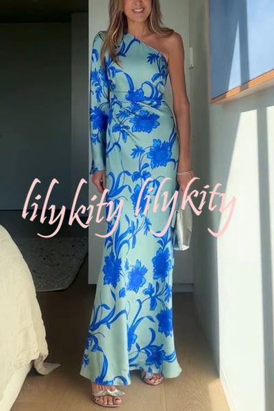 Satin Botanical Print One-Sleeve Resort Maxi Dress