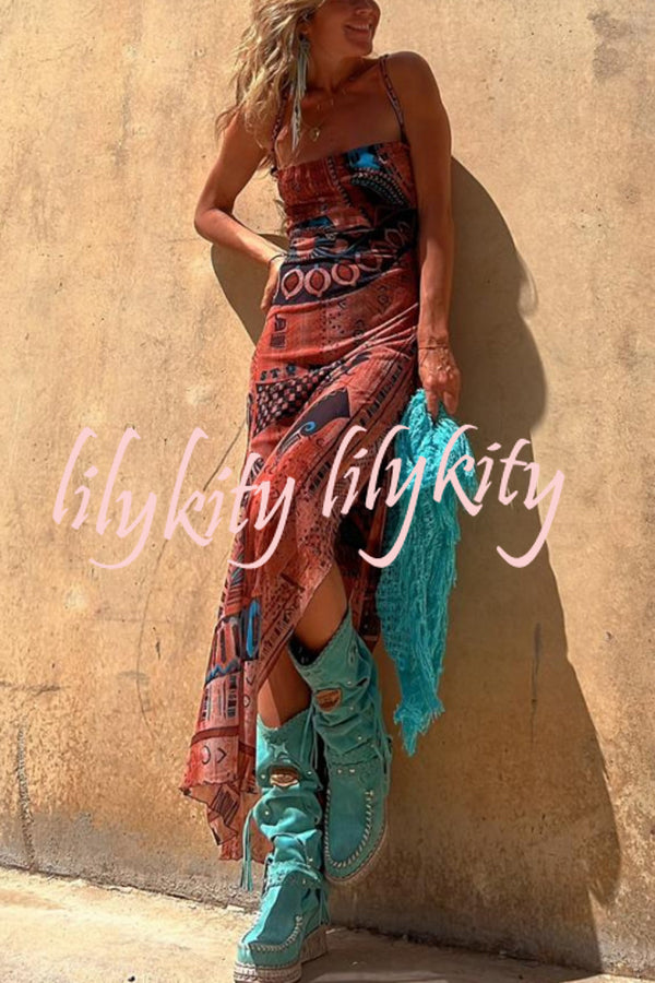 Gypsy Style Unique Print Cowl Neck Back Lace-up Slit Midi Dress