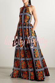 Floral Print Sexy Halter Neck Backless Elegant Maxi Dress