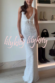 Festival Shines Sequin Beaded Mesh Bow Cutout Detail Slit Maxi Dress