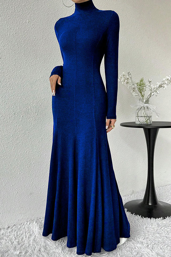 Solid Color High-neck Long-sleeved Slim-fit Fishtail Elegant Maxi Dress