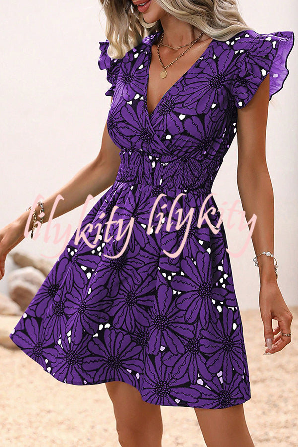 Wonderful Weekend Floral Print Ruffle Sleeve Elastic Waist Mini Dress