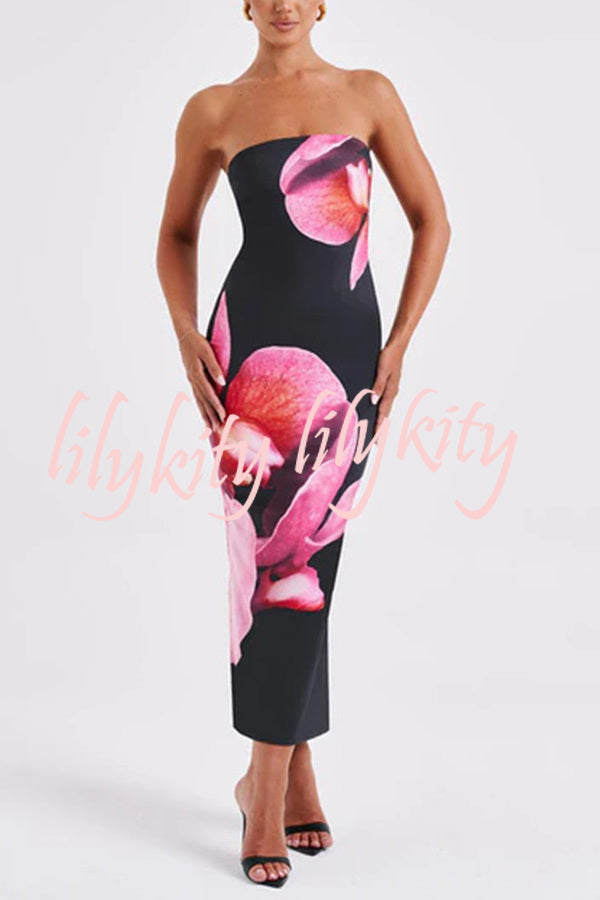 Emmaline Abstract Floral Print Bandeau Stretch Maxi Dress