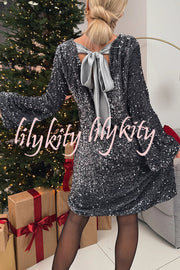 Velvet Sequin Back Bow Bell Sleeves Loose Mini Dress