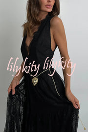 Fashionable Sheer Lace V-neck Backless Elegant Maxi Dress