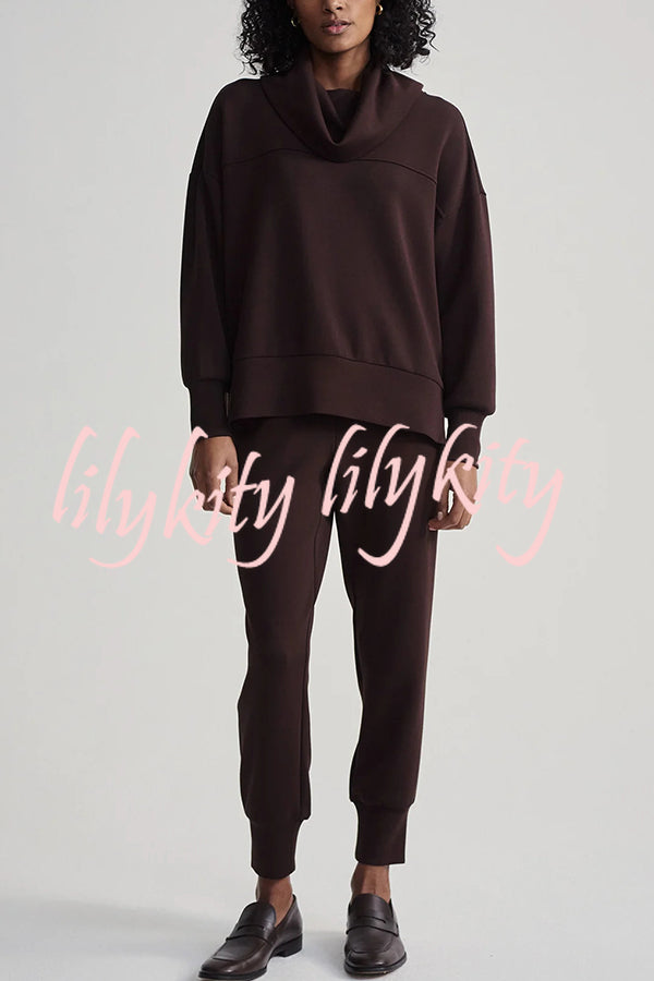 Afternoon Tea Time Turtleneck Side Zipper Sweatshirt and Elastic Waist Pocketed Loose Jogger Set