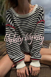 Fashion Striped Colorblock Loose Round Neck Long-sleeved Knitted Sweater