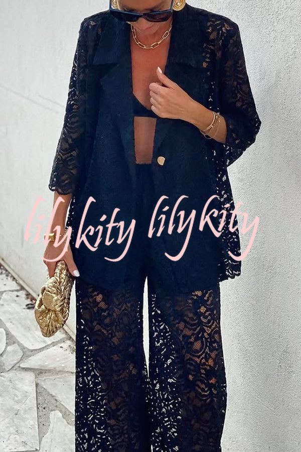 Seaside Nocturne Lace Button Half Sleeve Lapel Vacation Blazer