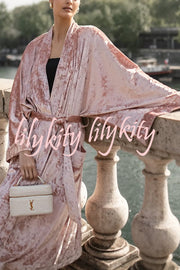 Gorgeous Glossy Velvet Long Bell Sleeve Tie-up Pocket Midi Kimono Coat