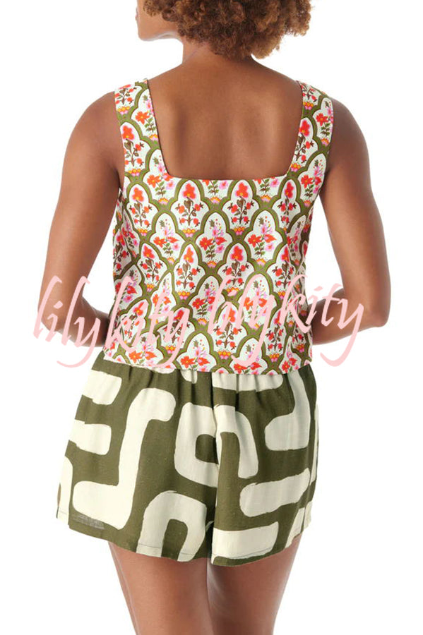 Vacation Chic Linen Blend Unique Print Square Tank and Elastic Waist Pocketed Shorts Set