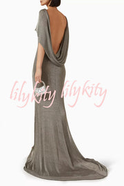 Fit and Elegance Fine Shimmering Fabric Open Cowl Back Draped Neckline Maxi Dress