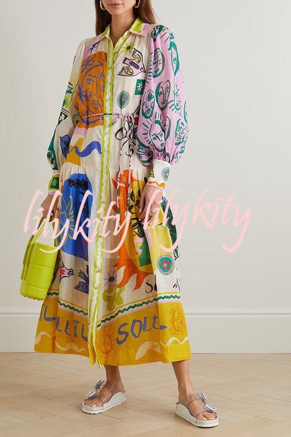 Boldness and Art Unique Print Balloon Sleeve Patchwork Shirt Midi Dress