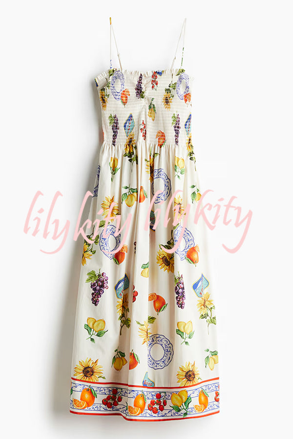 Summer Fruit Print Sling Pleated Vacation Midi Dress