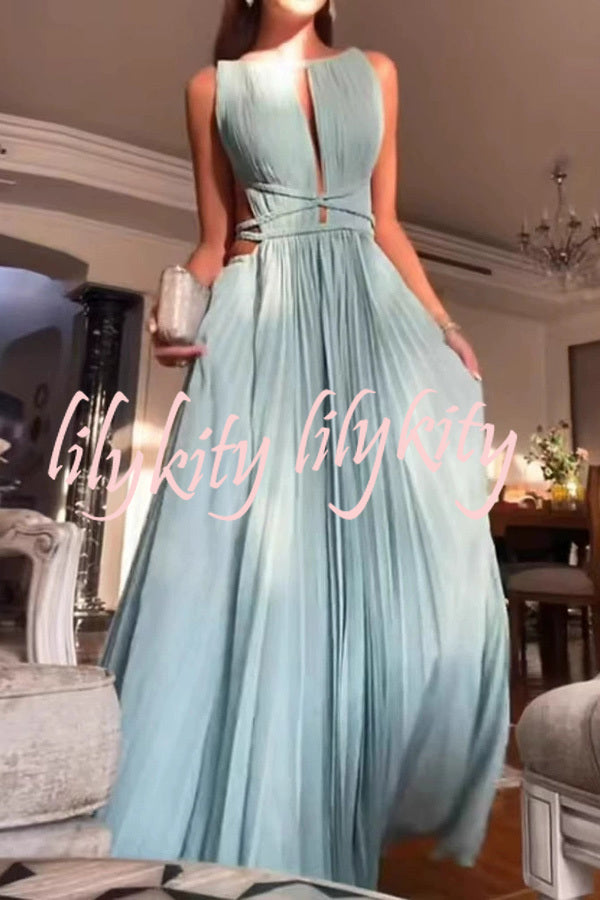 Sexy Sleeveless Open Back Cord Pleated Maxi Dress