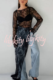 Sexy Openwork Lace Long-sleeved Asymmetrical Casual Top