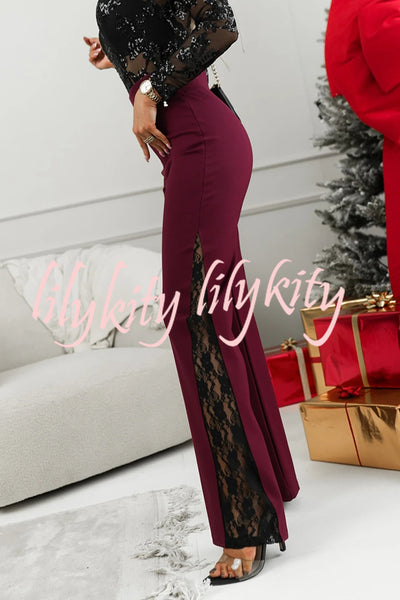 Joelie High Rise Elastic Waistband Side Lace Patchwork Flare Pants