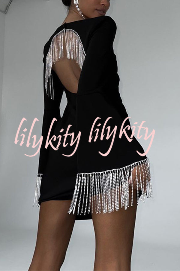 Fashionable Fringed Square Neck Bell Sleeves Hollow Back Mini Dress