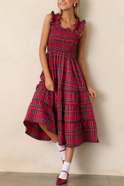 Plaid Print Ruffled Halter Pleated Sleeveless Casual Midi Dress