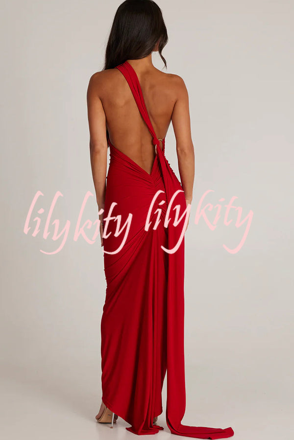 Sexy Backless Pleated Slim Solid Color Sleeveless Elegant Maxi Dress