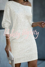 Solid Sequined Off-shoulder Loose Mini Dress