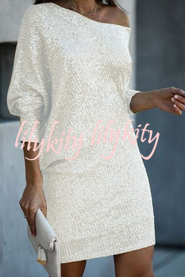 Solid Sequined Off-shoulder Loose Mini Dress