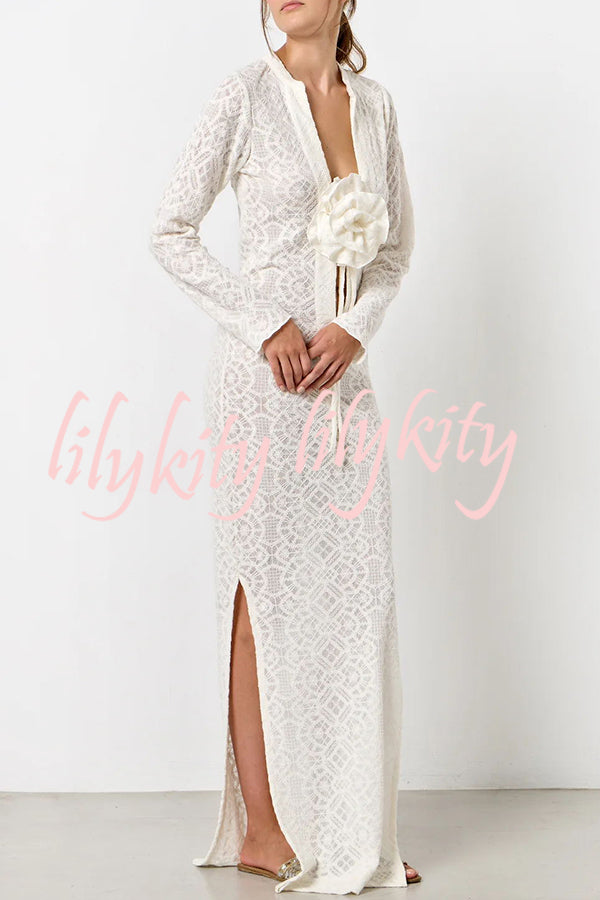 Spanish Breeze Lace Deep V-neck Removable Flowers Long Sleeve Slit Vacation Maxi Dress