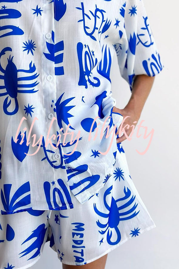 Sunday Mornings Unique Print Short Sleeve Top and Elastic Waist Loose Shorts Set