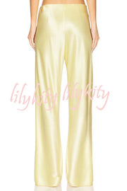 Odessa Satin Floral Lace Hem Strapless Tank and Mid Rise Wide Leg Pants Set