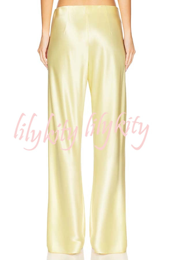 Odessa Satin Floral Lace Hem Strapless Tank and Mid Rise Wide Leg Pants Set
