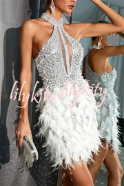 Stylish Sequined Sleeveless Feather-embellished Slim-fit Mini Dress