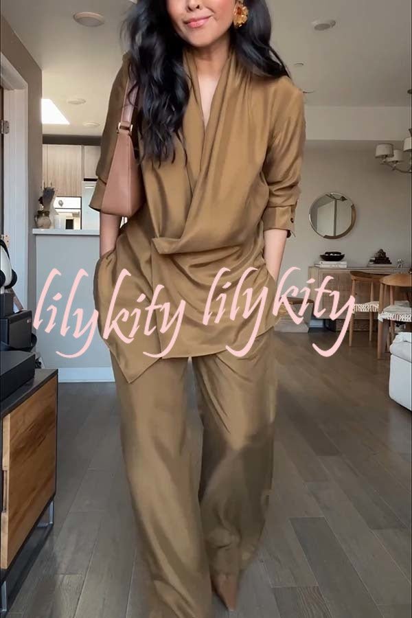 Bella Satin Drape Collar Single Button Casual Blazer and Elastic Waist Pocket Loose Pants Set