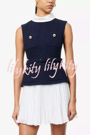 Sporty Elegance Tweed Metal Button Belted Pleated Hem Mini Dress