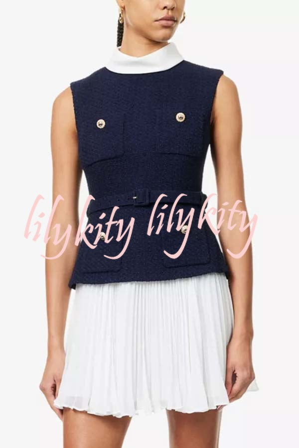 Sporty Elegance Tweed Metal Button Belted Pleated Hem Mini Dress