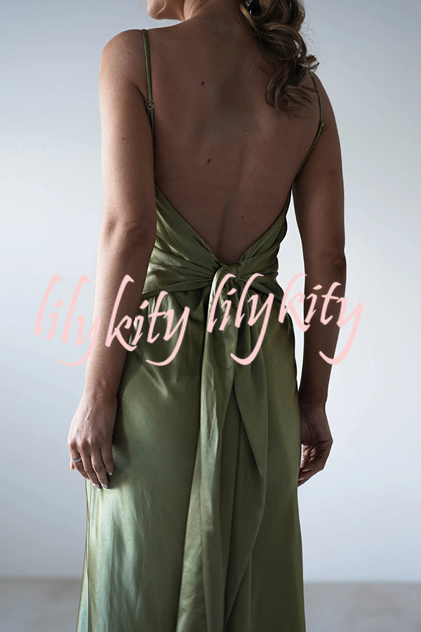 Satin Elegant Sling Backless Lace-Up Midi Dress