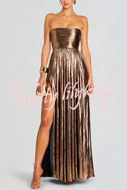Artistic Quality Metallic Pleated Fabric Removable Straps Slit Maxi Dress