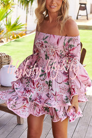 Floral Print Off The Shoulder Pleated Bell Sleeve Fitted Mini Dress