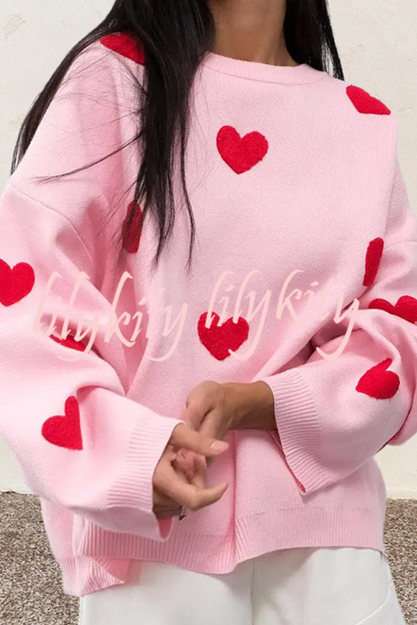 Fashionable Embroidered Love Loose Round Neck Long Sleeve Knitted Sweater