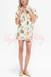 Beach Shell Print Short Sleeve Loose Shirt and Elastic Waist Tie Casual Pocket Shorts Set